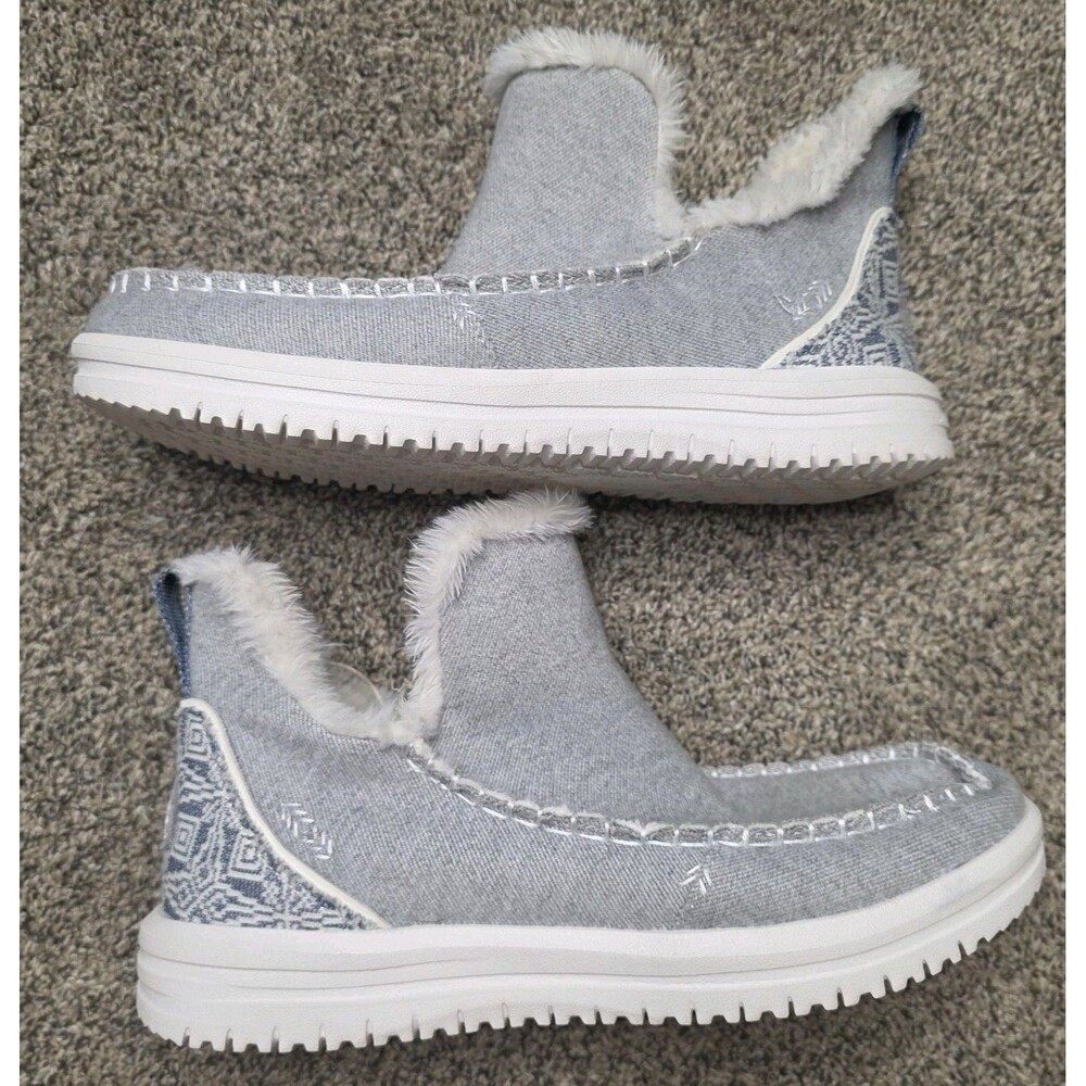 Hey Dude Camden Brushed Cozy Boots Size 9 Gray Slip Aztec Winter Blue EUC